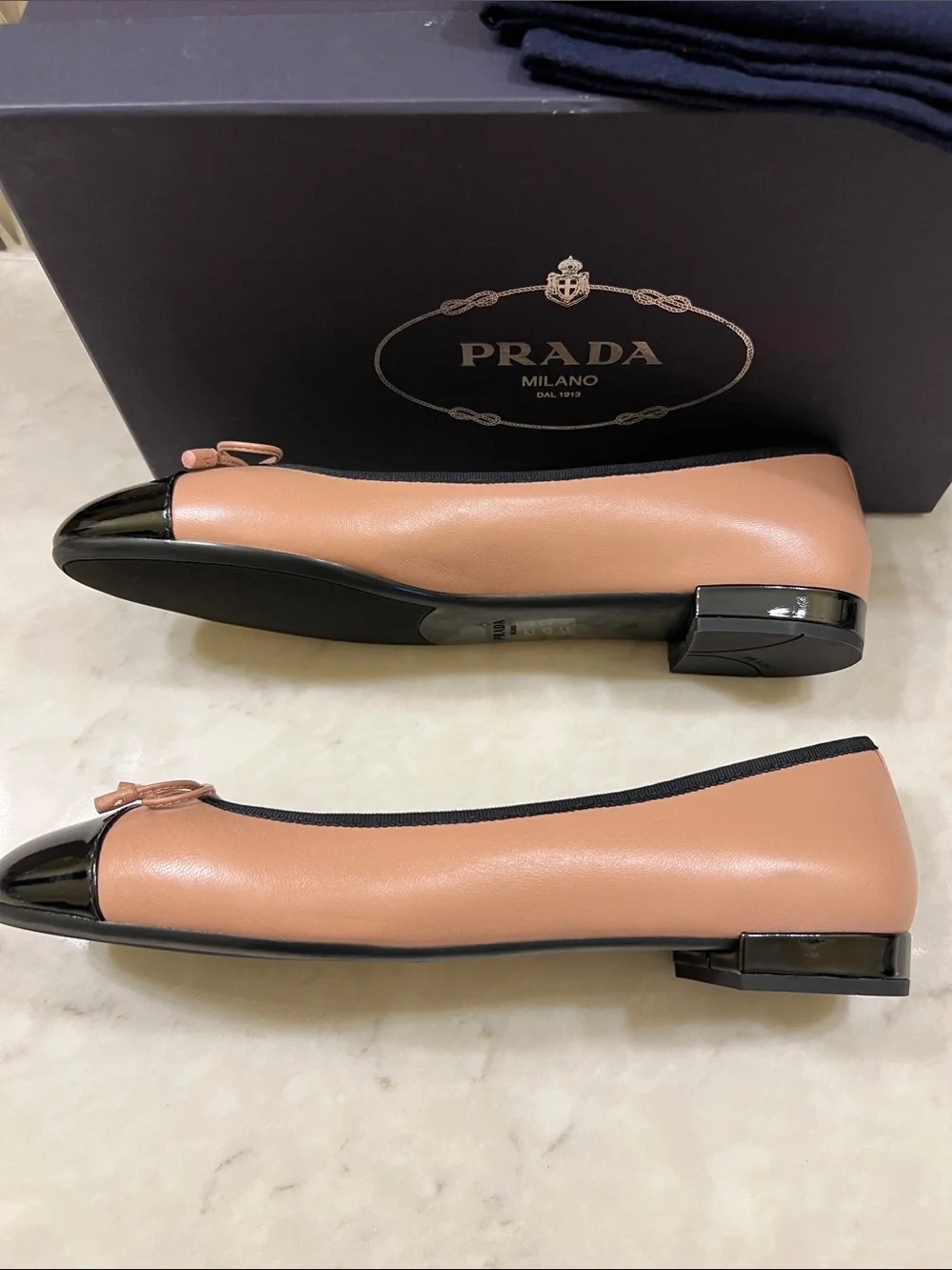 Prada Two-Tone Blush Tan and Black Cap-Toe Leather Ballet Flats - Picture 3 of 5